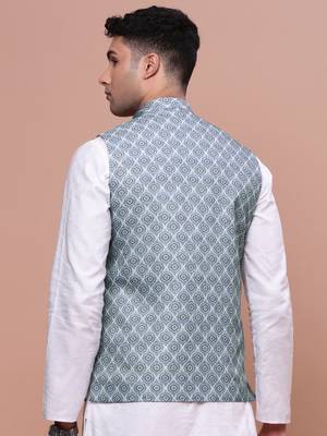 men's printed green slim fit nehru jacket 4