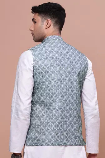 men's printed green slim fit nehru jacket