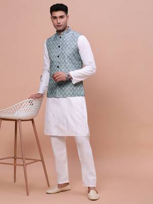 men's printed green slim fit nehru jacket 5