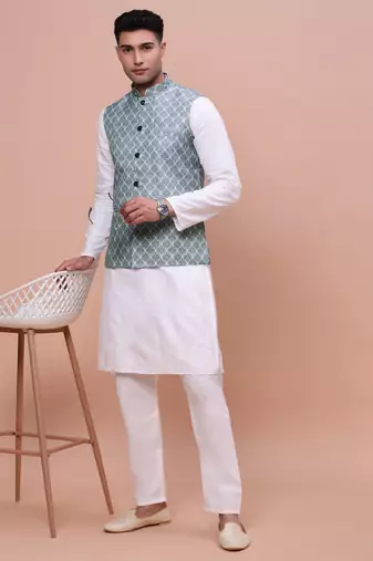 men's printed green slim fit nehru jacket