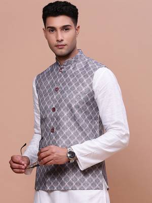 men's printed grey slim fit nehru jacket 1
