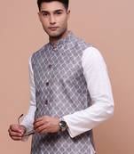 men's printed grey slim fit nehru jacket
