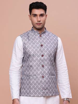 men's printed grey slim fit nehru jacket 2