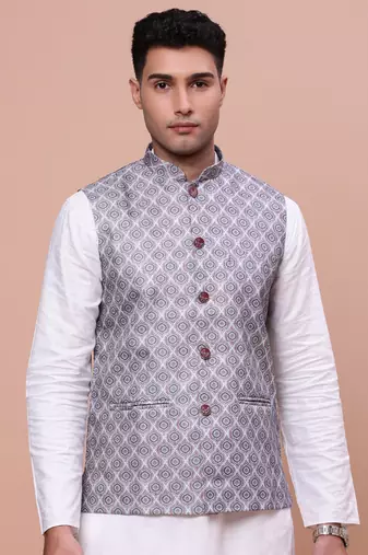 men's printed grey slim fit nehru jacket