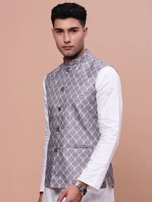 men's printed grey slim fit nehru jacket 3