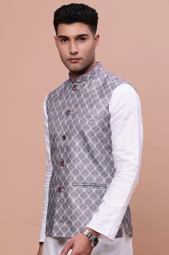 men's printed grey slim fit nehru jacket