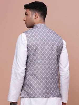 men's printed grey slim fit nehru jacket 4