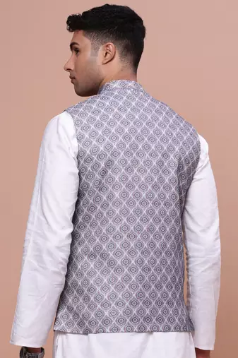 men's printed grey slim fit nehru jacket