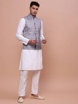 men's printed grey slim fit nehru jacket 5