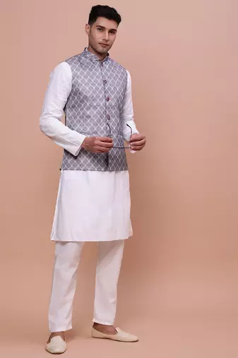 men's printed grey slim fit nehru jacket