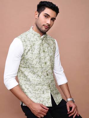 men's printed green slim fit nehru jacket 1