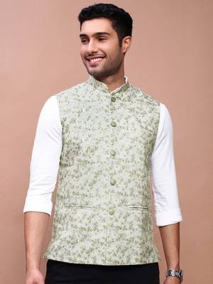 men's printed green slim fit nehru jacket 2