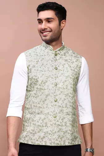 men's printed green slim fit nehru jacket
