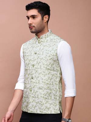 men's printed green slim fit nehru jacket 3
