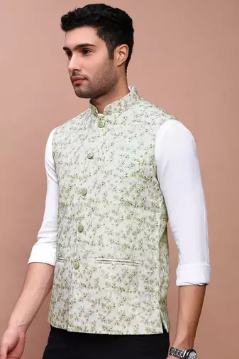 men's printed green slim fit nehru jacket
