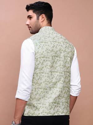 men's printed green slim fit nehru jacket 4