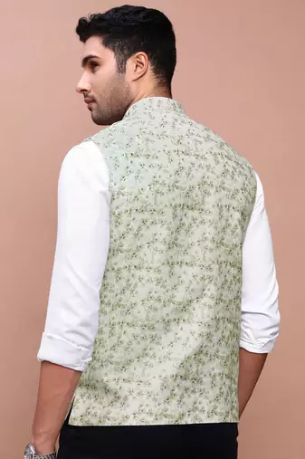 men's printed green slim fit nehru jacket