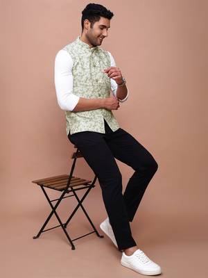 men's printed green slim fit nehru jacket 5