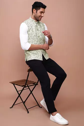 men's printed green slim fit nehru jacket