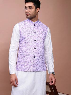 men's printed lavender slim fit nehru jacket 1