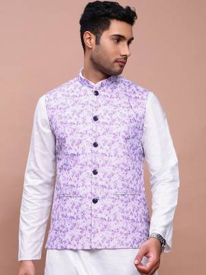 men's printed lavender slim fit nehru jacket 2