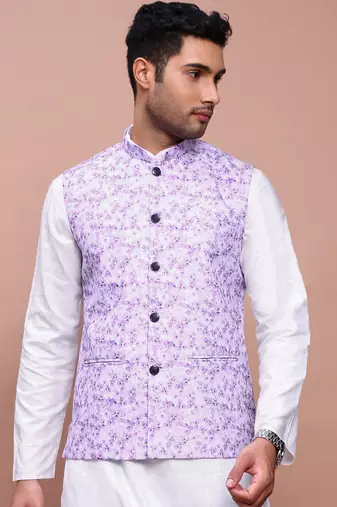men's printed lavender slim fit nehru jacket