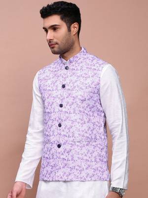 men's printed lavender slim fit nehru jacket 3