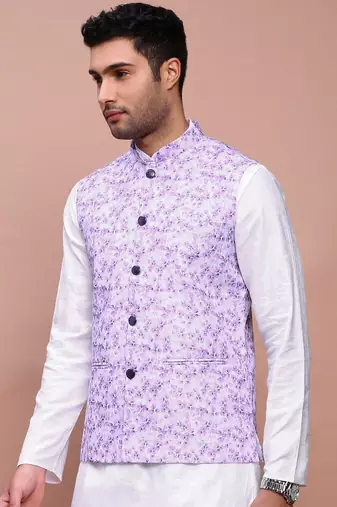 men's printed lavender slim fit nehru jacket
