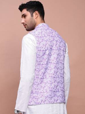 men's printed lavender slim fit nehru jacket 4