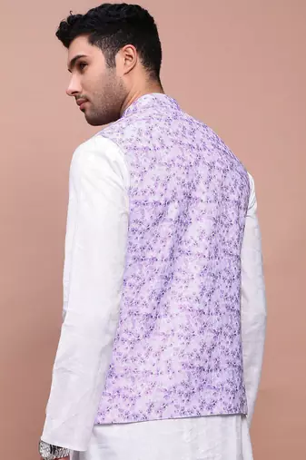 men's printed lavender slim fit nehru jacket