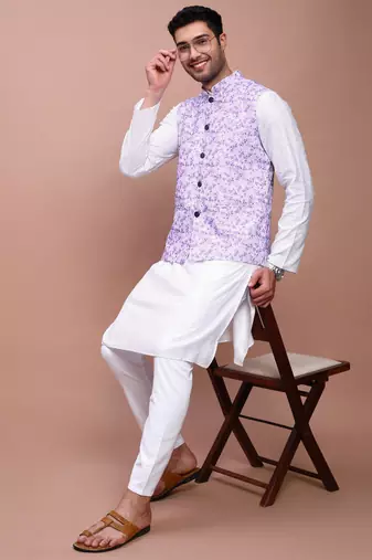 men's printed lavender slim fit nehru jacket