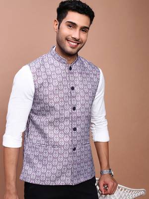 Showoff men's printed purple slim fit nehru jacket 1