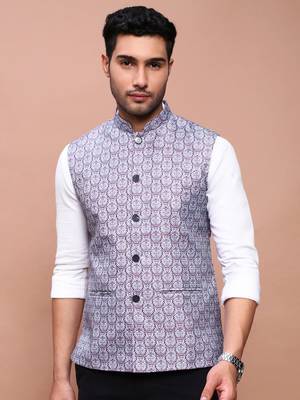Showoff men's printed purple slim fit nehru jacket 2