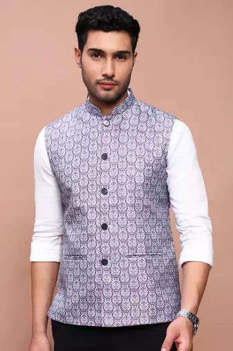 Showoff men's printed purple slim fit nehru jacket