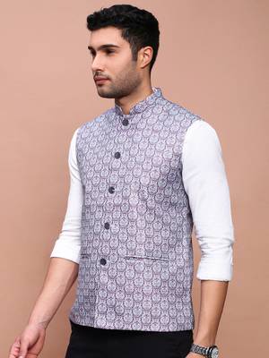 Showoff men's printed purple slim fit nehru jacket 3