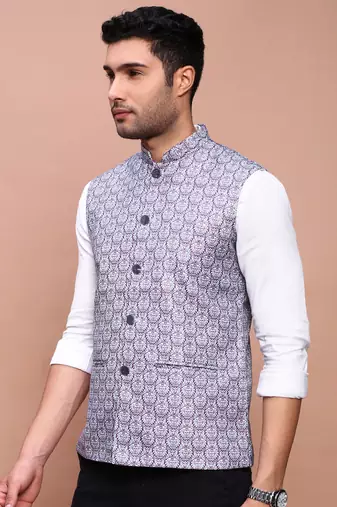 Showoff men's printed purple slim fit nehru jacket