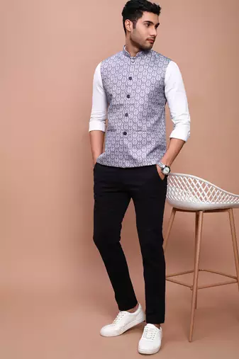 Showoff men's printed purple slim fit nehru jacket