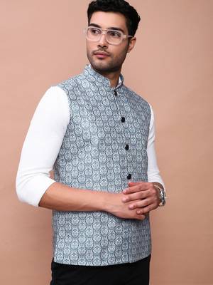 men's printed teal slim fit nehru jacket 1