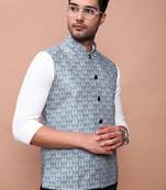 men's printed teal slim fit nehru jacket