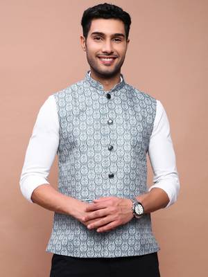 men's printed teal slim fit nehru jacket 2
