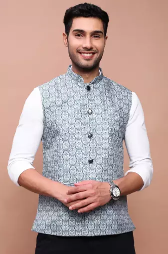 men's printed teal slim fit nehru jacket
