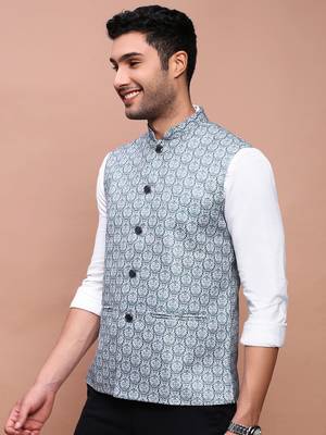 men's printed teal slim fit nehru jacket 3