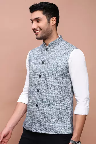 men's printed teal slim fit nehru jacket