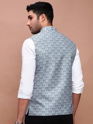 men's printed teal slim fit nehru jacket 4