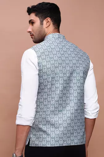 men's printed teal slim fit nehru jacket