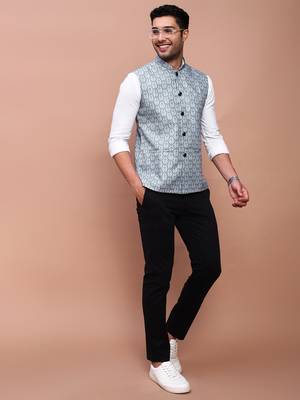 men's printed teal slim fit nehru jacket 5