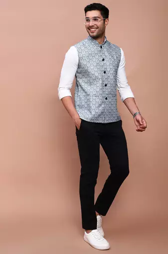 men's printed teal slim fit nehru jacket