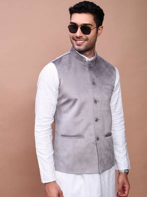 men's solid grey slim fit nehru jacket 1