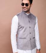 men's solid grey slim fit nehru jacket