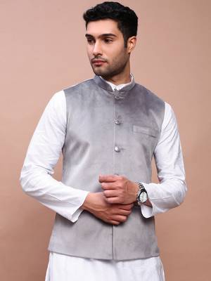 men's solid grey slim fit nehru jacket 2